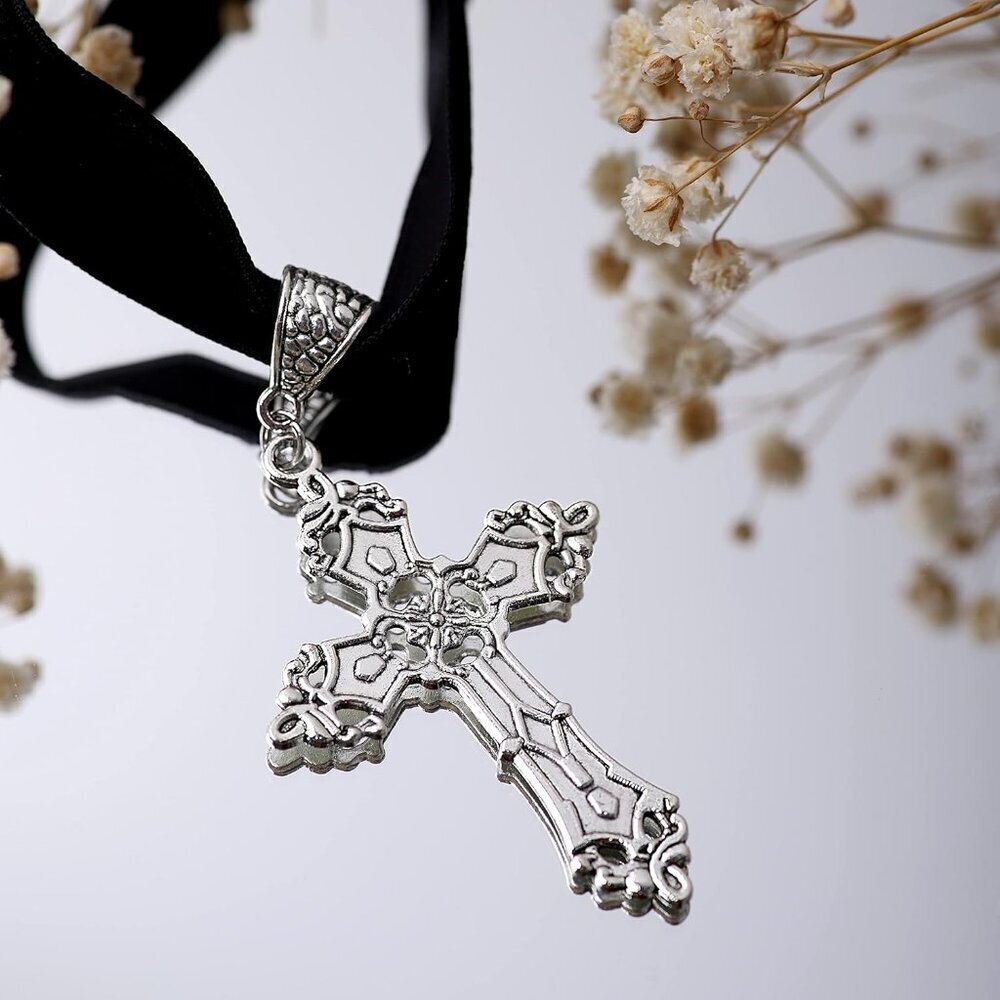 Gothic Cross Necklace Zinc Alloy Black Pendant Choker Jewelry Gift for Women - Picture 5 of 7